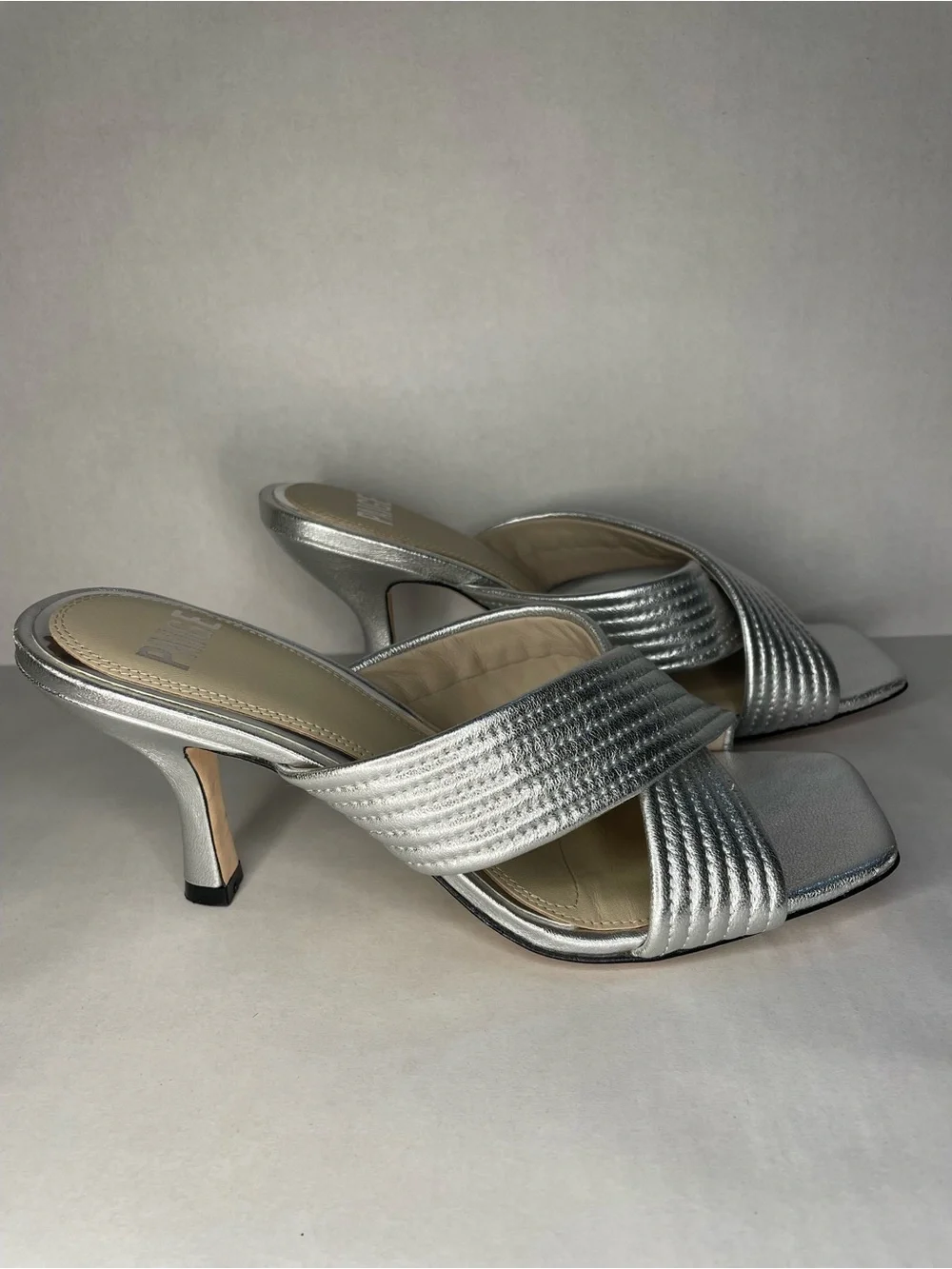 PAIGE Anthropology Leigh Metallic Silver Crisscross Open-Toed Heels